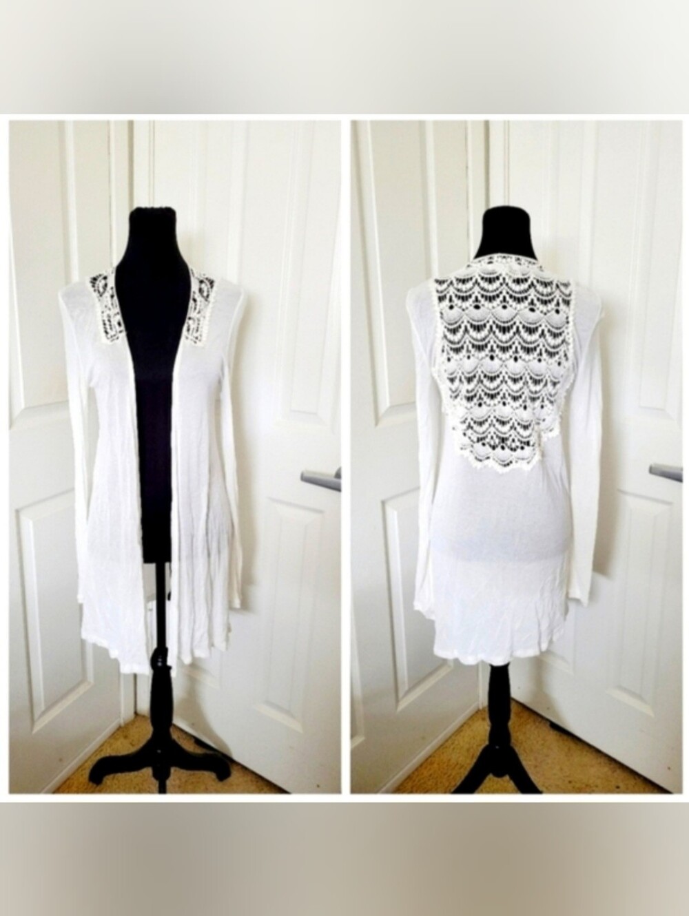 Vertigo Paris | White Boho Lace Back Lightweight Longline Cardigan (SIZE M)